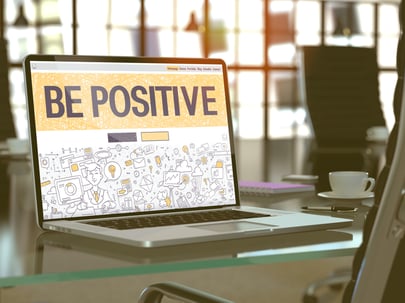 Be Positive Concept. Closeup Landing Page on Laptop Screen in Doodle Design Style. On background of Comfortable Working Place in Modern Office. Blurred, Toned Image. 3d Render.